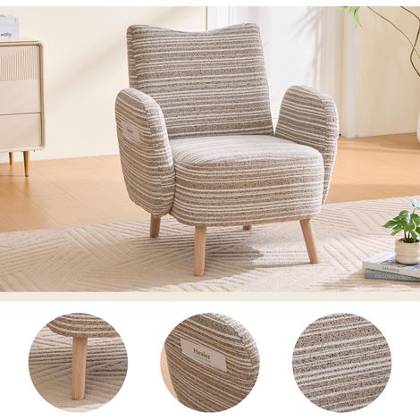 Fauteuil moderne, tissu à motifs circulaires, avec poche latérale, pieds en bois massif, fauteuil de lecture confortable, salon, chambre, bureau (Kaki Bouclé)