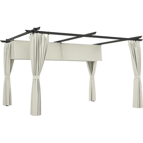 Pergola de jardin exterieur 3 x 4 m, toit rétractable et rideaux, anti-UV UPF30+, pour barbecue, patio, terrasse, crème (1/5)