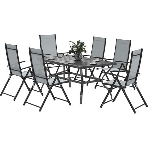 Set da Giardino 7 Pezzi con Tavolo da Pranzo con Foro per Ombrellone e 6 Sedie Pieghevoli, Grigio