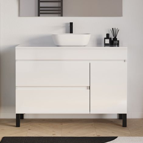Meuble de salle de bain 120cm avec plateau et vasque à poser arrondie - porte et tiroirs - sans miroir - blanc brillant - LAZARO (1/5)