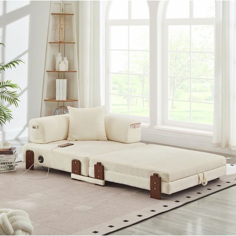 Klappsofa Beige Stoff mit Schlaffunktion, USB/Type-C, Stauraum und Seitentaschen (1/5)