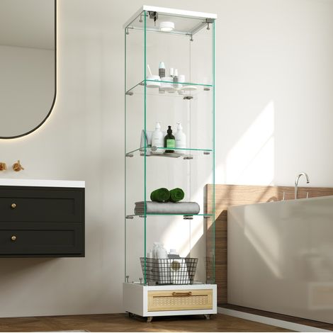 Vitrine 42.5x36.5x167 cm weiß aus MDF und Glas mit LED-Beleuchtung, Schubladen, Rollen und abschließbarem Fach (1/5)