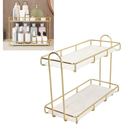 Étagère de salle de bain sur pied, meuble de rangement pour salle de bain, présentoir à parfums et cosmétiques (taille moyenne, étagère de salle de bain à double niveau, petite taille, couleur or) (1/5)