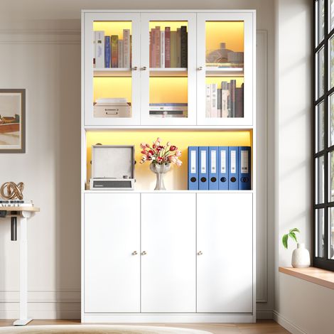 Regal aus MDF in Weiß 100 x 35 x 200 cm mit Glasvitrine, offenem Fach mit Kabeldurchführung und 3 Türen