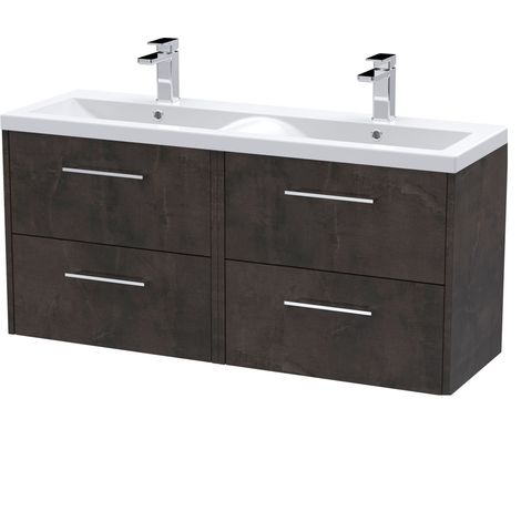 Winshill Contemporary 4 Drawer Wall Hung Vanity Unit with Double Basin, Metallic Slate, 1200mm
