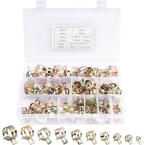 Lot de 100 Colliers de Serrage 6/9/10/12/14/15/16/18/20/22 mm pour Tuyau de Carburant à Ressort en Silicone