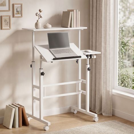 Bureau Assis-Debout Réglable 70x60 cm Roulettes, Plateau Inclinable, 70x60x70,5-120 cm, Blanc (1/5)