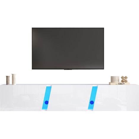 Meuble TV mural suspendu 180 x 35 x 30 cm, avec LED connectées, 3 portes abattantes et rangement optimisé pour téléviseur jusqu’à 75 pouces – CHICFURN (1/5)