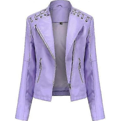 Damen-Lederjacke, lässiger Stil, Reißverschluss, erhältlich in 12 Farben stcyv(S Violet B)