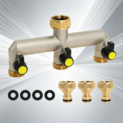 Sollbry Distributeur d'eau 3 voies pour robinet, répartiteur de tuyau de jardin connexion de 3/4 pouces, avec adaptateur et vanne à bille (1/5)