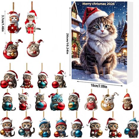 Calendrier de l'Avent avec de jolis motifs de chats - 24 décorations de sapin de Noël en acrylique 2D - Compte à rebours de 24 jours pour les décorations de Noël et les cadeaux de fêtes (1/5)