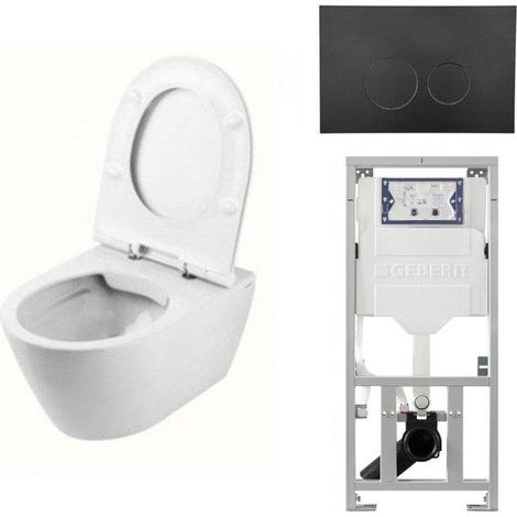 QeramiQ Salina Pack WC sans bride comprenant abattant de WC, réservoir encastré et plaque de commande noir mat (1/5)