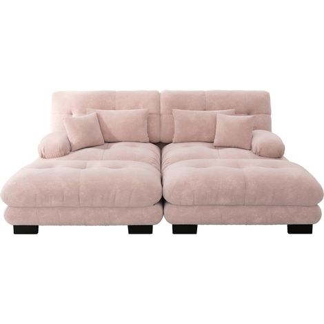 Canapé d'angle modulable en chenille vintage rose avec 2 coussins lombaires et 2 coussins décoratifs (1/5)
