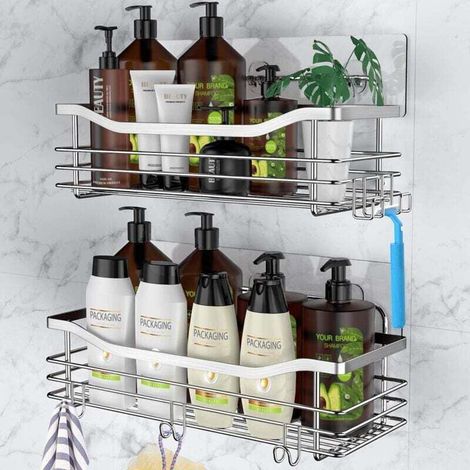 5 Hook Shower Shelf, Adhesive Storage Shelf, Rust-Proof Stainless Steel Wall Shelf, No Drilling, Suitable for Bathrooms, Toilets and Kitchens (2 Pack) (1/4)