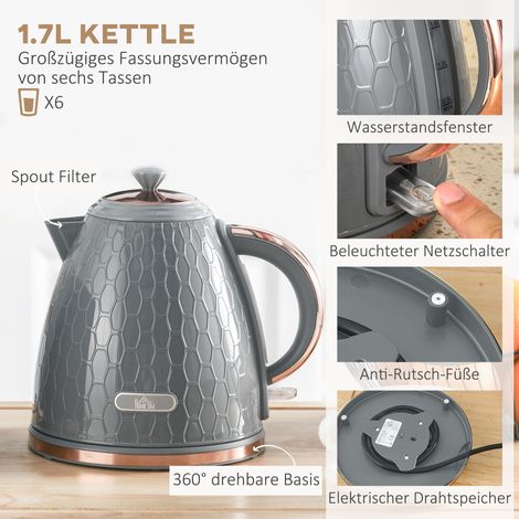 Lot 2-en-1 grille-pain et bouilloire, 1,7 L, 4 tranches simultanées, plastique gris, plusieurs options disponibles (1/5)