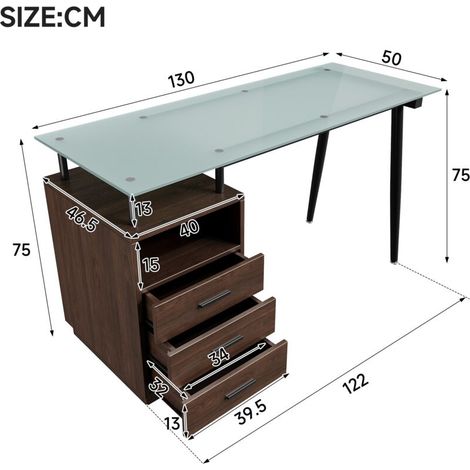 Bureau design avec plateau en verre et piètement en tube d'acier – 3 tiroirs, compartiments ouverts, poignées noires – Marron, 130x50x75cm (1/5)