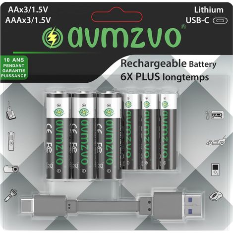 Lot de 6 Piles AA AAA au Lithium 1,5 V 3400 mWh AA 1,5 V 1100 mWh AAA 3 pièces USB-C Rechargeables avec câble de Charge USB-C 2 en 1 (1/5)