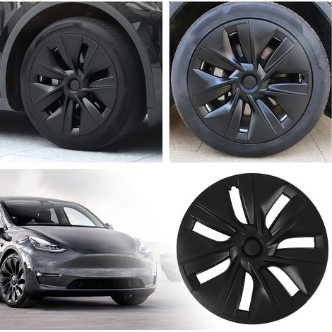 (T04) (Video verfügbar) 4 Radkappen für 19-Zoll-Felgen des Tesla Model Y 2020-2023 (Originalmodell, ohne Logo) Mattschwarz (übergroß) (1/5)