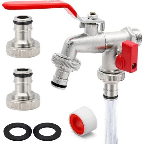 Pair G6354 Robinet de Jardin Premium à Double Sortie 1/2\" - 3/4\" Pinceau, Laiton, Argent (1/5)