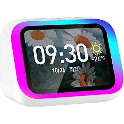 Réveil intelligent avec haut-parleur Bluetooth, assistant vocal IA, grand écran haute définition, album photo personnalisable, prévisions météo, appels mains libres, lumières colorées, blanc, taille u (1/5)