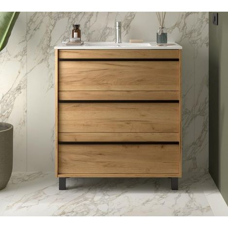 Meuble bas Attila 80 cm 3 tiroirs + lavabo Chêne Afrique (1/3)