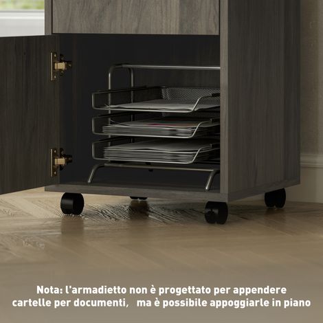 Cassettiere mobile 40x35x60 cm grise, meuble à tiroirs pour documents avec étagère ouverte, cadre en bois et métal, 4 roues pivotantes (1/5)