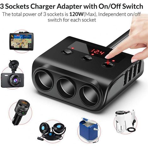 Prise allume-cigare de voiture 1 à 3, adaptateur de prise 4USB avec interrupteur d'affichage de tension 120W