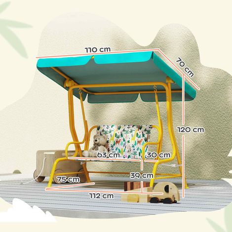 2-Sitzer Kinder Hollywoodschaukel mit verstellbar Sonnendach Sicherheitsgurt für 3-6 Jahre bis 60 kg 112x75x120cm Grün (1/5)