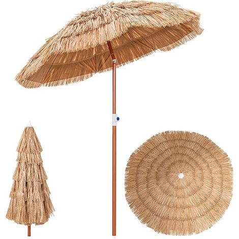 COSTWAY Sombrilla de Paja Ø 175 cm, Sombrilla Playa Hawaiana con 8 Costillas, Parasol Inclinable 45°, Alrura Ajustable, Exterior Patio Terraza Playa Piscina