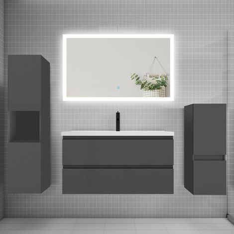 Ensemble meuble de salle de bain 100cm, simple vasque + colonne + LED miroir rectangulaire,anthracite (1/5)