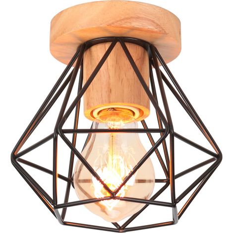 Plafonnier Industriel Bois et Métal 15CM Noir, Lampe de Plafond Vintage Cage forme Diamant E27 Luminaire pour Salon Chambre Café Bar (1/4)