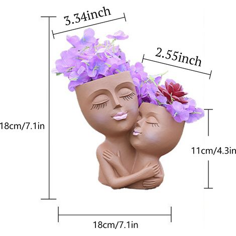 Pot de fleurs à double tête humaine, artisanat en résine, composition florale