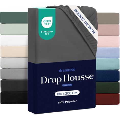 Drap Housse 180x200cm Grand Bonnet 35cm Gris Foncé (1/5)