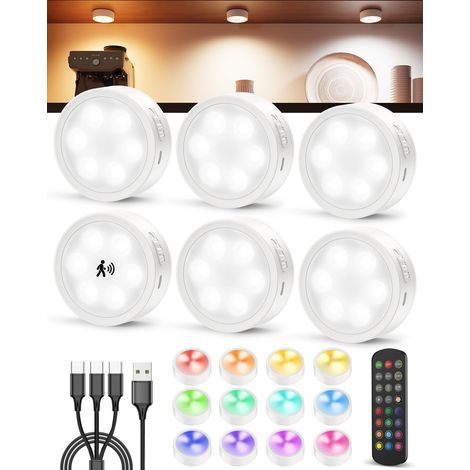 Lampe Vitrine Rechargeable, Spot LED Placard Detecteur de Mouvement 2400mAh, Couleurs RGB, Télécommande, Magnétique, Veilleuse Escalier Sans Fil Pile pour Cuisine Sous Meuble, Armoire, Couloir (1/5)