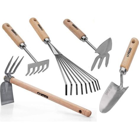 Kit 5 outils de jardin Manche bois Inox et Fer forgés à la main Haute qualité VITO (1/5)