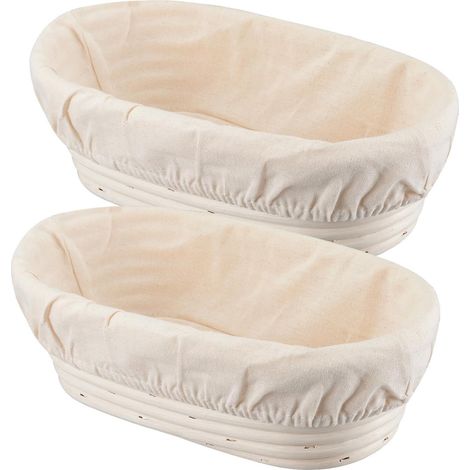 Lot de 2 paniers de fermentation ovales de 25 cm (10 pouces) pour le pain, fabriqués artisanalement en rotin naturel et recouverts d'un tissu en lin. Idéaux pour la cuisson du pain au levain et du pai