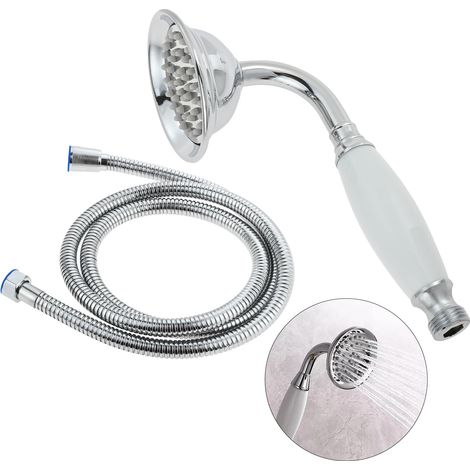 Pommeau de douche de style téléphone traditionnel avec tuyau de 1,5 m chromé (céramique blanche) (1/5)