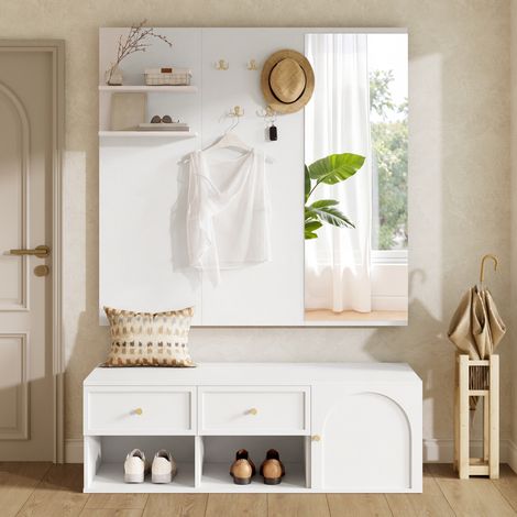 Conjunto de almacenamiento para recibidor, armario de pared con cajones, compartimento de almacenamiento y estante flotante, panel perchero con 5 ganchos, incluye espejo y banco. (1/5)