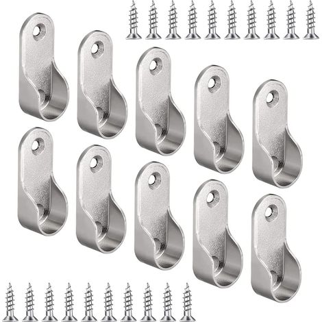 10 supports de tringle à vêtements avec 20 vis, supports de tringle à vêtements nickelés, supports de penderie, alliage de zinc, fixation ovale, pour tringles à vêtements (1/4)