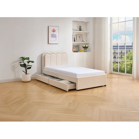 Lit 90 x 190 cm avec 2 tiroirs - Avec LEDs - Tissu bouclette - Crème - NESTIAKO (1/4)