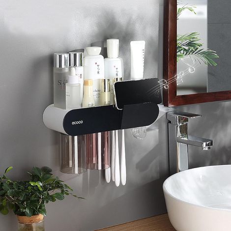 Wall-Mounted Toothbrush Holder for Bathroom, 2 Magnetic Toothbrush Cups with Toothpaste Dispenser, Drawer and 6 Brush Slots, Large Capacity Tray (1/5)