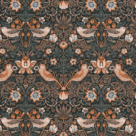 Empapelado con pájaros Profhome 390563 papel pintado no tejido liso con ornamentos florales mate negro naranja blanco gris parduzco 5,33 m2