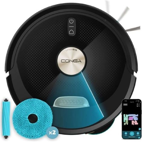 Cecotec Robot aspirateur et nettoyeur de sols avec AI Conga M100 Spin AI. Intelligence artificielle, 20000Pa, Brosse de Silicone anti-enchevêtrement, Balais rotatifs, Autonomie jusqu'à 220 m², Control
