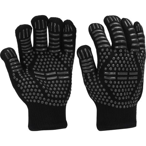 Lot de 2 gants de barbecue résistants à la chaleur de 800 °C avec poignée en silicone pour fumoir, pâtisserie, cuisine, grill, taille M, noir (1/5)