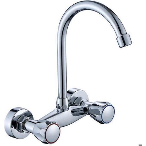 Robinet mural - Pour évier, lave-linge et lavabo - Deux boutons - Aérateur pour économiser l'eau - Chromé (1/4)