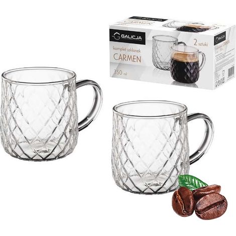 Set bicchieri CARMEN 350 ml 2 pezzi in vetro borosilicato per caffè e tè motivo geometrico a rombi in rilievo (1/3)