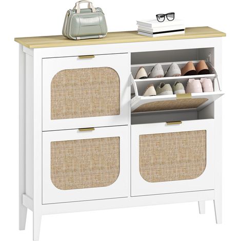 Étagère à chaussures extensible avec 4 portes en rotin réglables pour 20 paires de chaussons, 105 x 24 x 95,5 cm, blanc