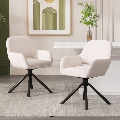 Set di 2 sedie girevoli da pranzo in sherpa bianco con braccioli, struttura in metallo,60×50×80cm (1/5)
