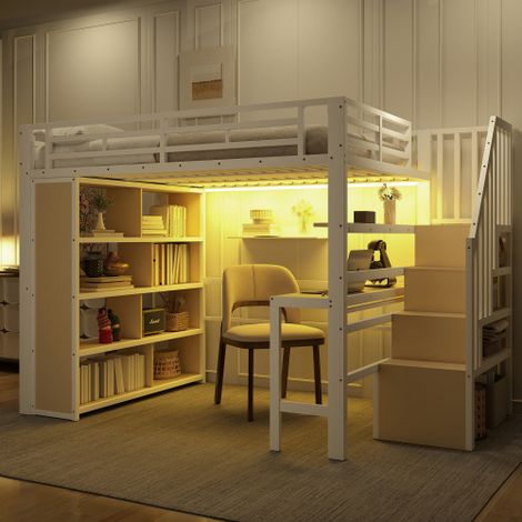 Lit mezzanine — Structure en fer (incluant bureau, compartiments de rangement, éclairage LED et escalier avec rangements intégrés) — Matelas non inclus (1/5)