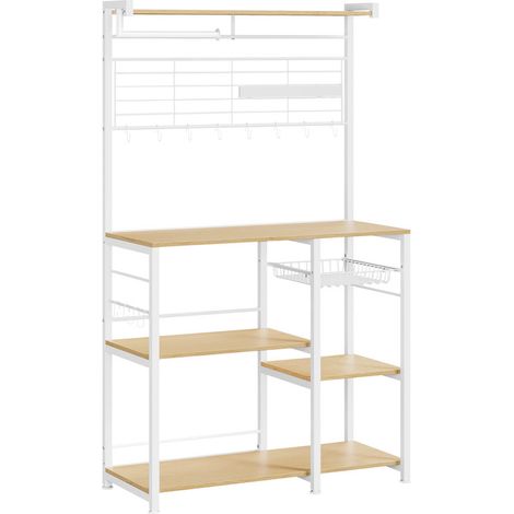 VASAGLE Étagère de Cuisine, Meuble de Rangement, Îlot de Cuisine avec Support Magnétique pour Couteaux, Panier Métallique, Support pour Essuie-tout, 12 Crochets, Blanc (1/4)